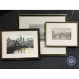 Eight assorted pictures and prints including an etching of Newcastle, watercolour initialled W.M.