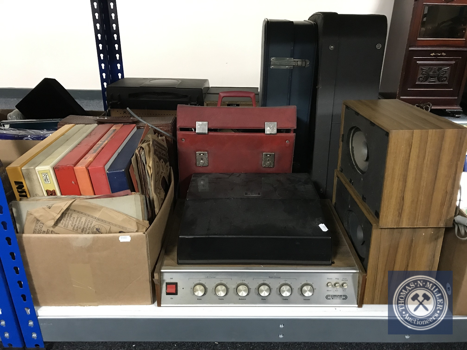 A mid twentieth century Readers digest stereogram with speakers together with a box and two cases