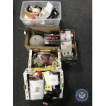 Four boxes of sundries - bike helmet, light fittings, tea light holder,