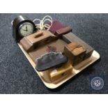 A tray of oak electric mantel clock, cigarette box, cased dominoes, treen box of Fenton, purse etc.