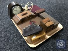 A tray of oak electric mantel clock, cigarette box, cased dominoes, treen box of Fenton, purse etc.