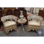 A highly ornate suite of four items of Syrian inlaid furniture to include : pair of chairs,