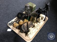 A tray of carved Eastern figures, onyx mantel clock, oil lamp, field glasses,