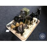 A tray of carved Eastern figures, onyx mantel clock, oil lamp, field glasses,