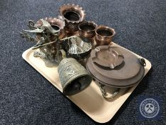 A tray of copper planters, bed warmer,