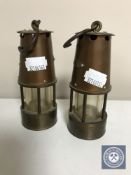 Two miniature brass miner's lamps