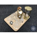 A tray of two brass and glass hour glass timers, figure of a spaniel, glass figure,