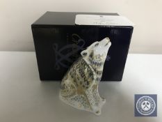 A Royal Crown Derby paperweight, Wolf, with gold stopper, number 469 of 2500,