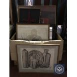 A box of continental school pictures and prints, wire work tapestry,