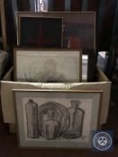A box of continental school pictures and prints, wire work tapestry,