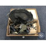 A large oak canteen, plated tray, fire poker, horse brasses,