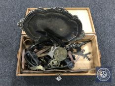 A large oak canteen, plated tray, fire poker, horse brasses,