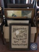 A box of continental school oils and prints