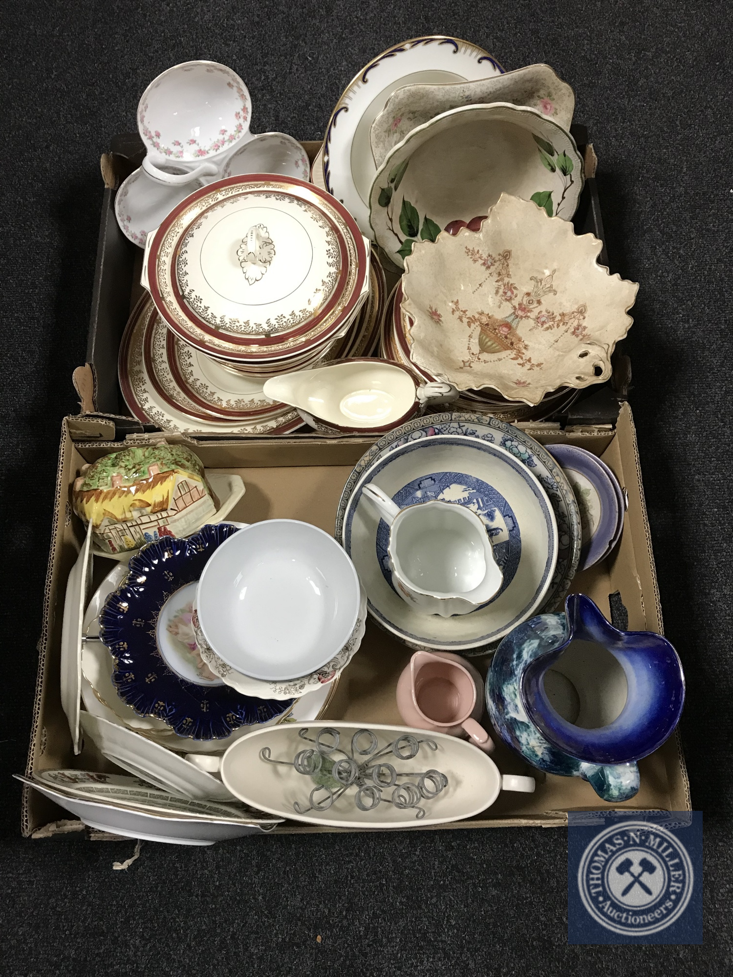 Two boxes of china, Royalty dinner ware, Devon Fieldings bowl,