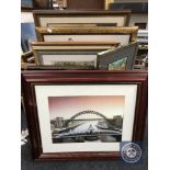 A box of assorted framed prints,