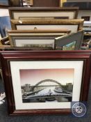 A box of assorted framed prints,