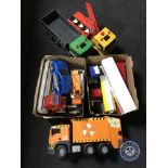 Two boxes of plastic vehicles - trucks, racing cars and three large scale Man vehicles, car loader,