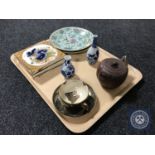 A tray of Oriental wares, Chinese clay tea pot, two blue and white miniature vases,