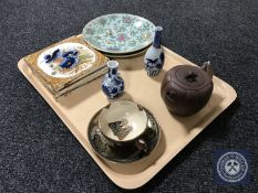 A tray of Oriental wares, Chinese clay tea pot, two blue and white miniature vases,