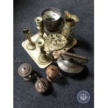 A tray of brass and copper including embossed jugs, trivet,