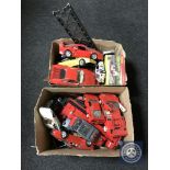 Two boxes of die cast vehicles - sports cars and a Bruder Manitou,