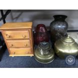 A pine three drawer miniature chest together with a Japanese vase,