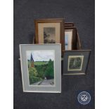 A collection of pictures including a watercolour by Walter Dixon, Atkinson Grimshaw prints,