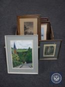 A collection of pictures including a watercolour by Walter Dixon, Atkinson Grimshaw prints,