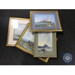 Four gilt framed North East pictures including a Charles Russell watercolour of St Mary's Island,