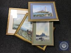 Four gilt framed North East pictures including a Charles Russell watercolour of St Mary's Island,