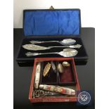 A small collection of penknives, silver brooch, cameo brooch etc,