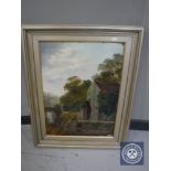 An overpainted print depicting Jesmond Dene waterfall, framed.