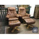 A pair of brown leather swivel relaxer chairs with stools