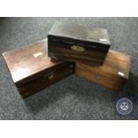 A Victorian rosewood writing box together with two Victorian jewellery caskets