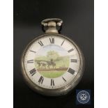 A pair cased silver key wound pocket watch with painted dial, signed Jas.