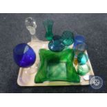 A tray containing a collection of 20th century coloured glass, decanter with stopper,