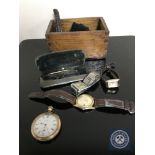 An oak cigarette box of assorted gent's watches including Seiko, Ingersoll, Waltham pocket watch,