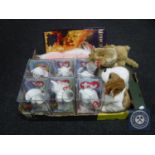 A box containing TY beanie babies and soft toys together with a Mythical Creatures jigsaw book