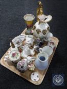 A tray of decorative china ornaments, ornamental egg on stand,