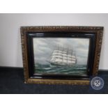 A continental school black and gilt framed oil of a four-masted sailing ship signed Hansen