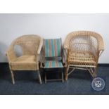 A mid 20th century folding child's deck chair together with two wicker armchairs