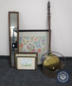 A brass bed-warming pan together with a brass jam pan, an early 20th century oak framed tapestry,