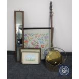 A brass bed-warming pan together with a brass jam pan, an early 20th century oak framed tapestry,