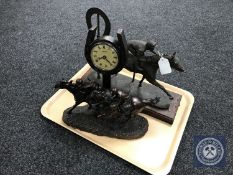 A Juliana horse racing mantel clock together with a figure of a horse and jockey