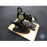 A Juliana horse racing mantel clock together with a figure of a horse and jockey