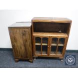 A walnut glass topped pot cupboard together with a small oak double door bookcase