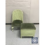 A green loom bedroom chair together with a storage footstool