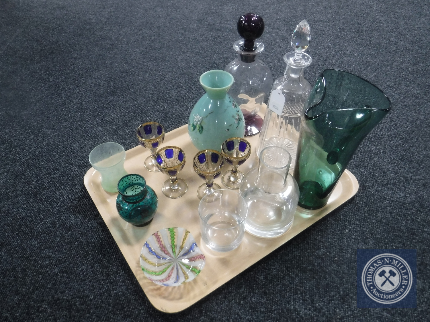 A tray containing antique and later glass ware including hand-painted vase, liqueur glasses,