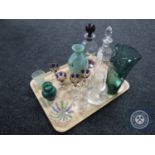 A tray containing antique and later glass ware including hand-painted vase, liqueur glasses,