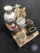A tray containing Japanese vases, resin figures,